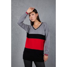 Moda Days Kadın Gri-Kırmızı Renk Bloklu Sim Biyeli V Yaka Triko Bluz