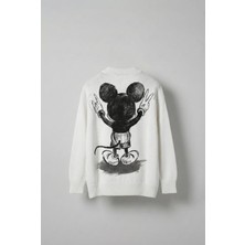 Erkek Oversize Mickey Mouse Kabartma Baskılı Kazak Beyaz