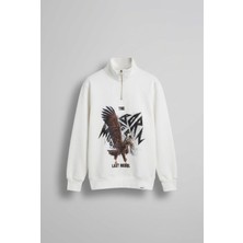 Abluka Online Erkek Rahat Kalıp Baskılı Yarım Fermuarlı Sweatshirt Ekru