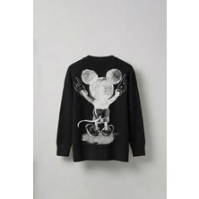 Abluka Online Erkek Oversize Mickey Mouse Kabartma Baskılı Kazak Siyah
