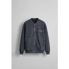 Erkek Oversize Yıkamalı Fermuarlı Sweatshirt Siyah