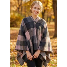 Exve Exclusive Pembe Siyah Kareli Tüylenmez Dışı Polar Unisex Günlük Moda Soft Touch Panço Kışlık Düğmeli Şal