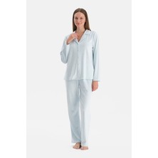 Dagi Açık Mavi Varaklı Kadife Gömlek Pantolon Pijama Takımı
