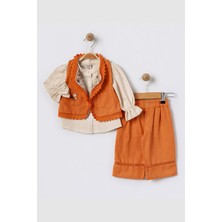 Miniğimin Cicileri Dantel Kenarlı Yelekli Kız  Çocuk Keten Işlemeli Kız Bebek Takım - Turuncu