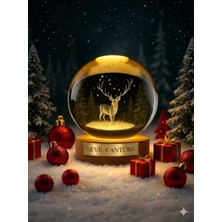 Kesene Isime Kişiye Özel Ledli Usb'li Ahşap Standlı Geyik Temalı Kristal Küre 3D Oda Masa ve Gece Lambası