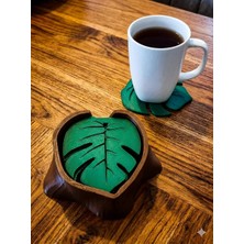 Aoblex Monstera Yaprak Tasarımlı 6'lı Bardak Altlığı Seti ve Standı - Dekoratif Hediyelik Bardak Altlığı