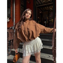 Hazelin Kadın Kiremit Oversize Fermuar ve Çıt Çıt Kapamalı Cepsiz Süet Deri Ceket HZL25W-BD107301