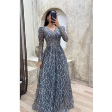 AGM Kıyafet Sepeti Gri Bel Detay Işlemeli Tasarım Abiye Elbise, Xl-42 Beden Abiye Elbise, Büyük Beden Abiye Elbise