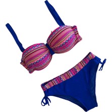 Hazelin Kadın Pembe Saks Mavi Etnik Desenli Astarlı Bikini Takımı HZL25S-LC22626