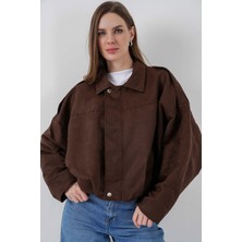 Hazelin Kadın Kahverengi Oversize Fermuar ve Çıt Çıt Kapamalı Cepsiz Süet Deri Ceket HZL25W-BD107301