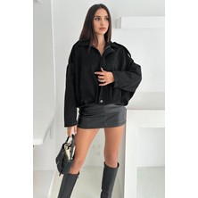 Hazelin Kadın Siyah Oversize Fermuar ve Çıt Çıt Kapamalı Cepsiz Süet Deri Ceket HZL25W-BD107301