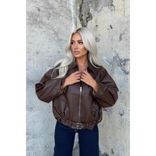 Hazelin Kadın Kahverengi Fermuar Kapamalı Oversize Suni Deri Ceket HZL25W-BD110561