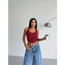 Hazelin Kadın Bordo Fitilli Kaşkorse Crop Bluz HZL25S-FRY123171