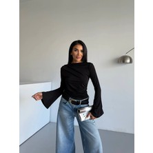 Hazelin Kadın Siyah Drape Detaylı Ispanyol Kol Sany Bluz HZL25W-FRY123431