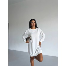 Hazelin Kadın Beyaz Bisiklet Yaka 2 Iplik Günlük Rahat Elbise HZL25W-FRY123451