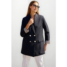 Hazelin Kadın Siyah Leopar Astarlı Düğme Detaylı Blazer Ceket HZL25W-BD107041