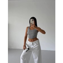 Hazelin Kadın Gri Fitilli Kaşkorse Crop Bluz HZL25S-FRY123171