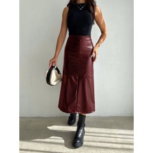 Hazelin Kadın Bordo Midi Boy Fermuar Kapamalı Suni Deri Etek  HZL25W-FRY121651