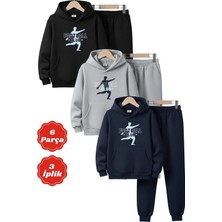 Fyk Kids 3 Iplik Kapüşonlu Şardonlu Kışlık Football Baskılı Kanguru Cepli 6 Parça Erkek Çocuk Eşofman Takımı