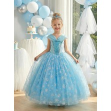 Butik Happy Kids Kız Çocuk Kostüm Mavi Elsa Frozen   Düşük Omuz Detaylı Kasnaklı Kabarık Elsa Kostüm 3-8 Yaş TAÇ HEDİYELİ