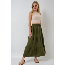 Hazelin Kadın Haki Beli Lastikli Ayrobin Uzun Etek HZL25S-BD180481