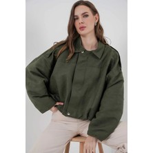 Hazelin Kadın Yeşil Oversize Fermuar ve Çıt Çıt Kapamalı Cepsiz Süet Deri Ceket HZL25W-BD107301