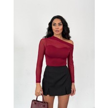 Hazelin Kadın Bordo Tül Garnili Uzun Kol Şık Rahat Bluz HZL25W-FRY123541