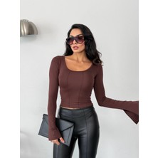 Hazelin Kadın Kahverengi Uzun Kollu Arkası Bağlamalı Fit Kesim Crop Bluz HZL25W-FRY122771