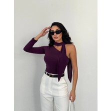 Hazelin Kadın Mor Fularlı Sandy Kumaş Asimetrik Kesim Bluz HZL25S-FRY123371
