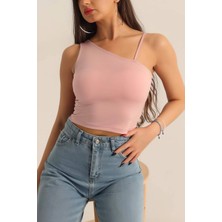 Hazelin Kadın Pembe Askılı Tek Omuz Likralı Crop Bluz HZL23S-SND120171