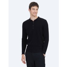 Kip Siyah Polo Yaka Düz Örgü Pamuk Karışımlı Triko Kazak