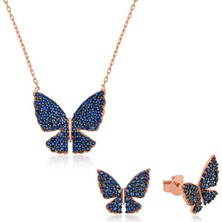 Katre46 925 Ayar Gümüş Lacivert Kelebek Set