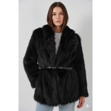 Hazelin Kadın Siyah Kemer Detaylı Astarlı Peluş Kürk Mont HZL25W-BD191561