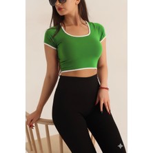 Hazelin Kadın Yeşil Beyaz Biyeli Kısa Kol Likralı Sendycrop Bluz HZL24S-SND190901