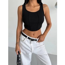 Hazelin Kadın Siyah Fitilli Kaşkorse Crop Bluz HZL25S-FRY123171
