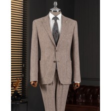 Italyan Stil Slim Fit Mono Yaka Ceket Pantolon Takım Elbise Kahverengi T14366