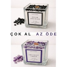 Doğal Taşlı 2’li El Yapımı Kokulu Soya Mum Seti – Ocean Obsidian & Amethyst Ember | Çok Al Az Öde