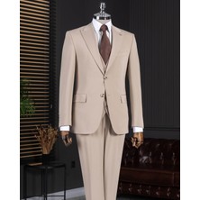 Italyan Stil Slim Fit Sivri Yaka Ceket Yelek Pantolon Takım Elbise Bej T14859