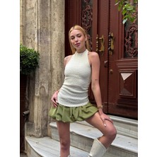Hazelin Kadın Krem Boyundan Bağlamalı Gofre Kumaş Bluz HZL25S-ZK13631