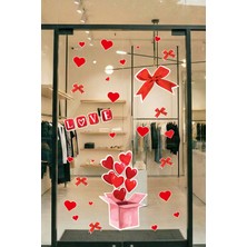 New Jargon Aşk Temalı Kalp & Kurdele Tasarım Sticker Seti - 14 Şubat Aşk Kutusu Cam Vitrin Mağaza Süsleme