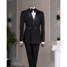 Terzi Adem Altun İtalyan stil slim fit erkek sivri yaka taşlı ceket pantolon damatlık set siyah T20001-01