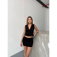 Hazelin Kadın Siyah Degaje Yaka Yanlardan Drapeli Sandy Bluz HZL25S-FRY123131