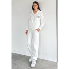 Gülseli Kadın Kapüşonlu Baskılı Ön Fermuarlı Şardonlu Bel Lastikli Eşofman Takımı P-00020312