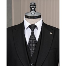 Italyan Stil Slim Fit Sivri Yaka Ceket Yelek Pantolon Takım Elbise Siyah T15059