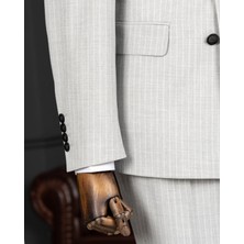 Italyan Stil Slim Fit Kruvaze Çizgili Ceket Pantolon Takım Elbise Gri T14407