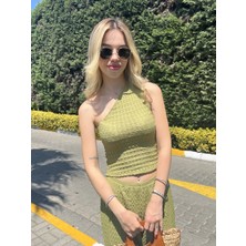Hazelin Kadın Fıstık Yeşil Gofre Kumaş Tek Omuz Bluz HZL25S-ZK13271
