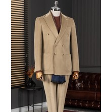 Italyan Stil Slim Fit Kruvaze Kadife Ceket Pantolon Takım Elbise Camel T14975
