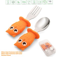 Turuncu Baykuş Figürlü Premium Çocuk Bpa Free Silikon Sap Paslanmaz Çelik Uçlu Çatal-Kaşık Set 9+ Ay