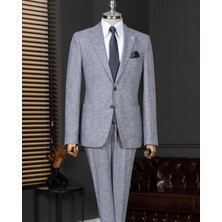 Italyan Stil Slim Fit Mono Yaka Ceket Pantolon Takım Elbise Mavi T14363