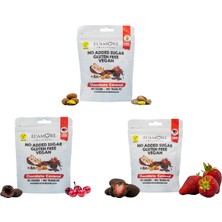 Elamore Şeker Ilavesiz, Glütensiz, Vegan Premium Antep Fıstıklı, Freeze Dried Vişneli, Freeze Dried Çilekli Bitter Çikolata - Doypack 50 gr x 3 Adet